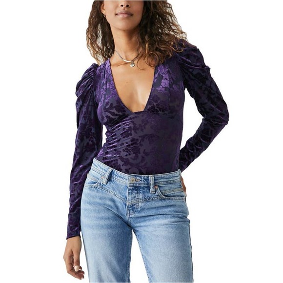 Free People Blue Deep Sea Combo Magic Hour Velvet Burnout Bodysuit NWT Medium - Picture 1 of 11